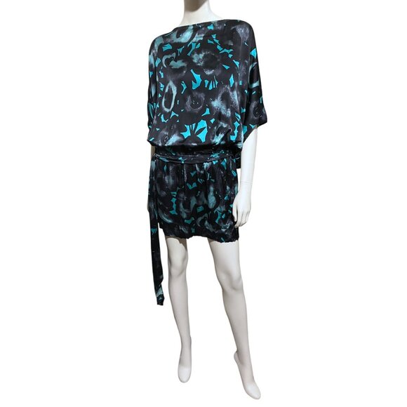 Y2K Express Silk Micro Mini Dress L Dolman Belt Stretch Grunge Glam Whimsygoth - Picture 3 of 13